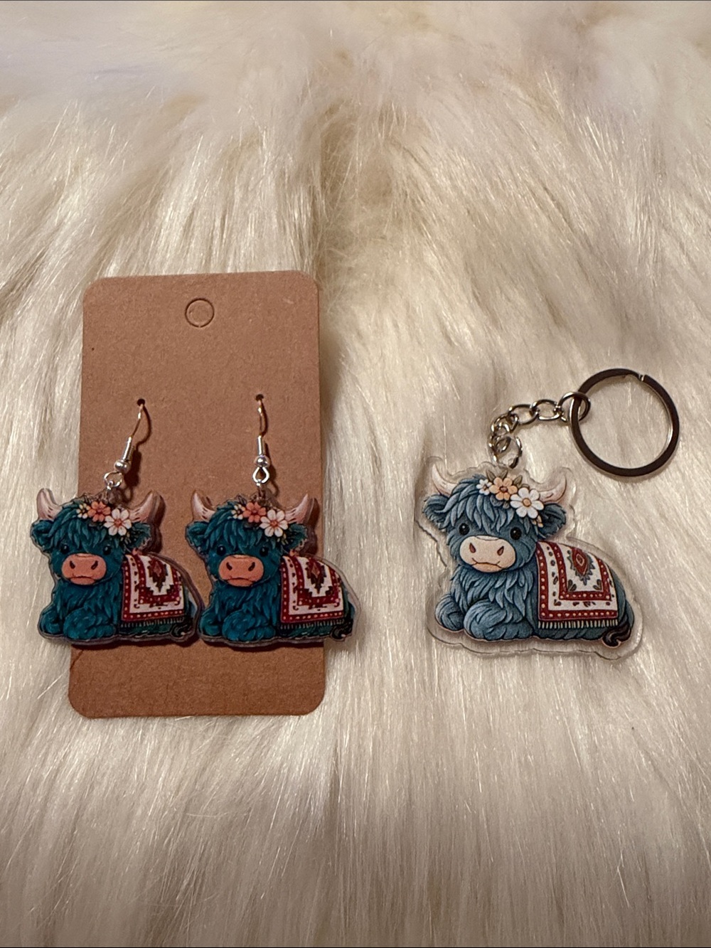 Blue Highland Cow Earrings & Keychain Set